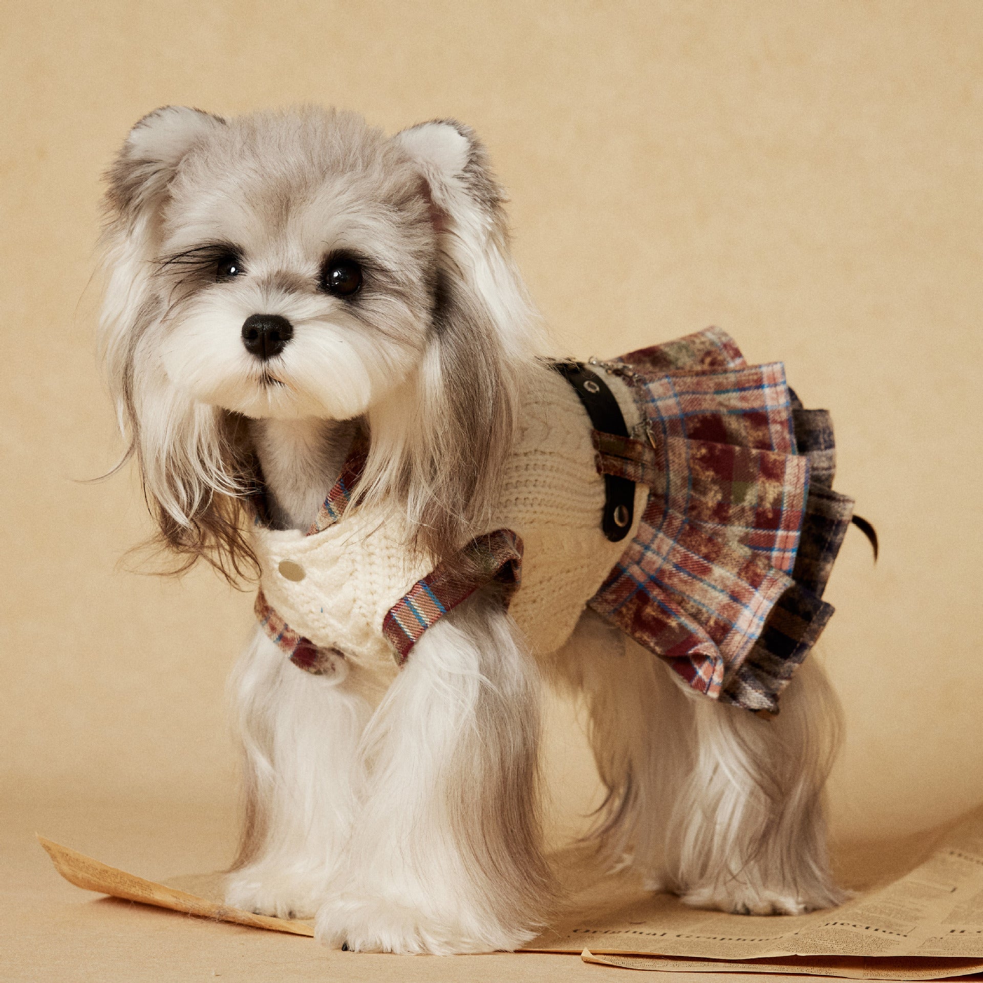 Tony Bear Dog Clothes Autumn and Winter Sleeveless Maillard Plaid Patchwork Sweet Schnauzer Bichon Teddy Dress