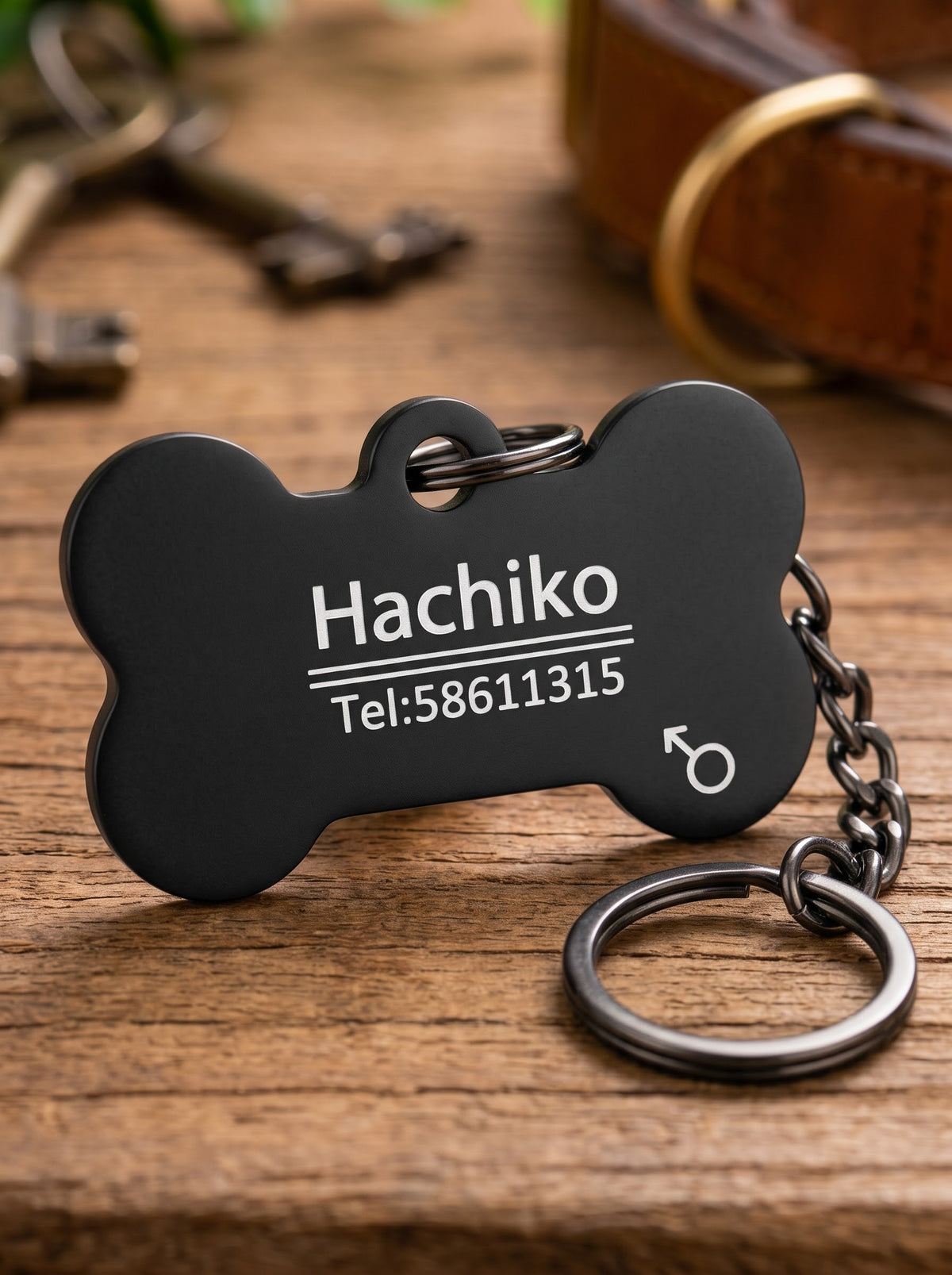 Black bone dog ID tag engraved with name and phone number