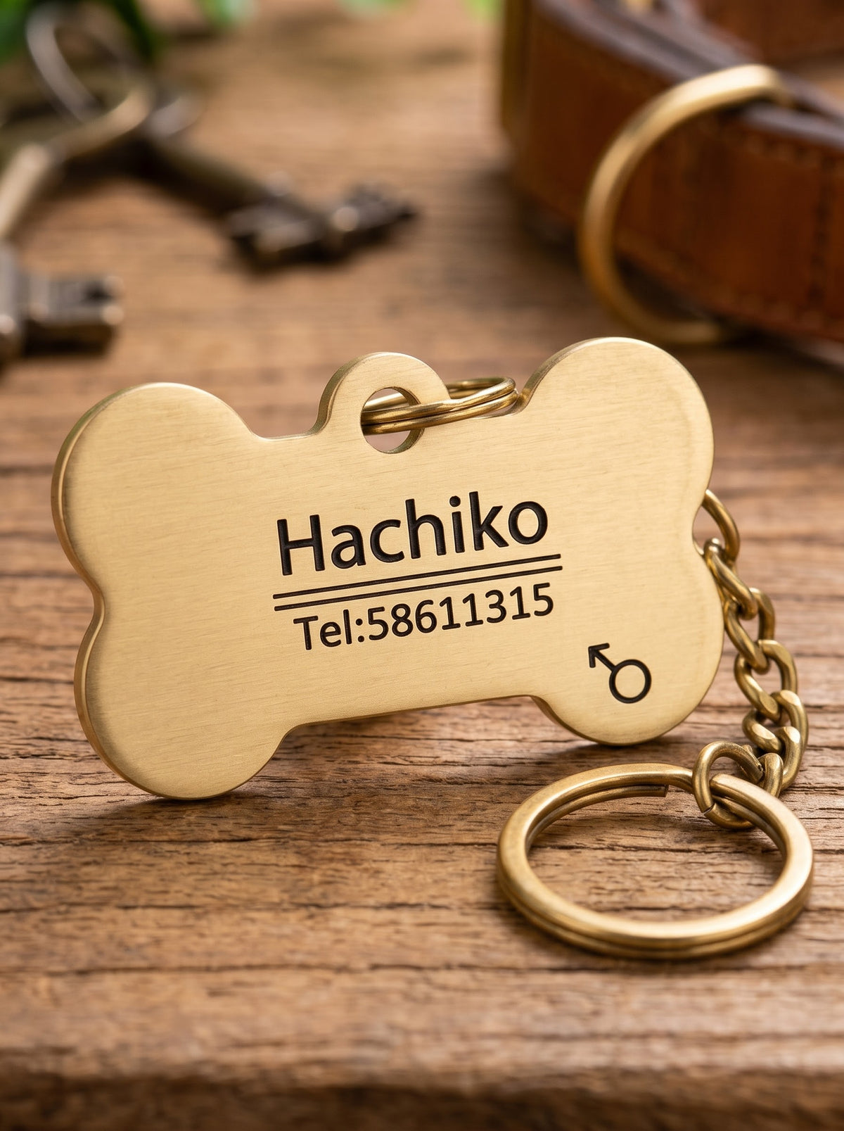 Gold bone dog ID tag engraved with name and phone number