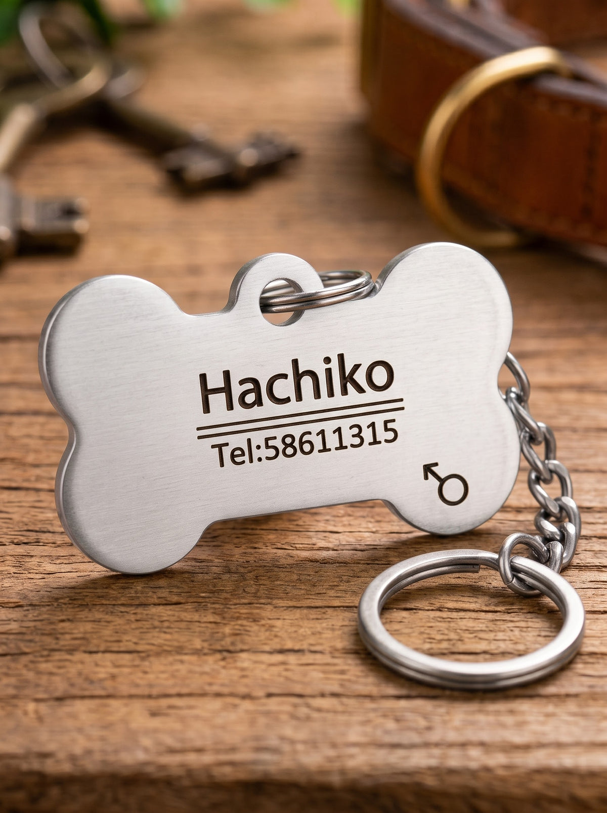 Silver bone dog ID tag engraved with name and phone number