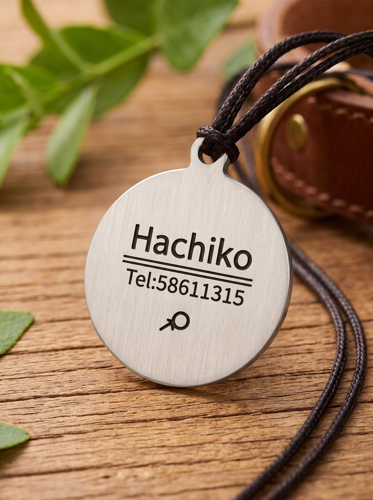 Silver round dog ID tag engraved with name and phone number