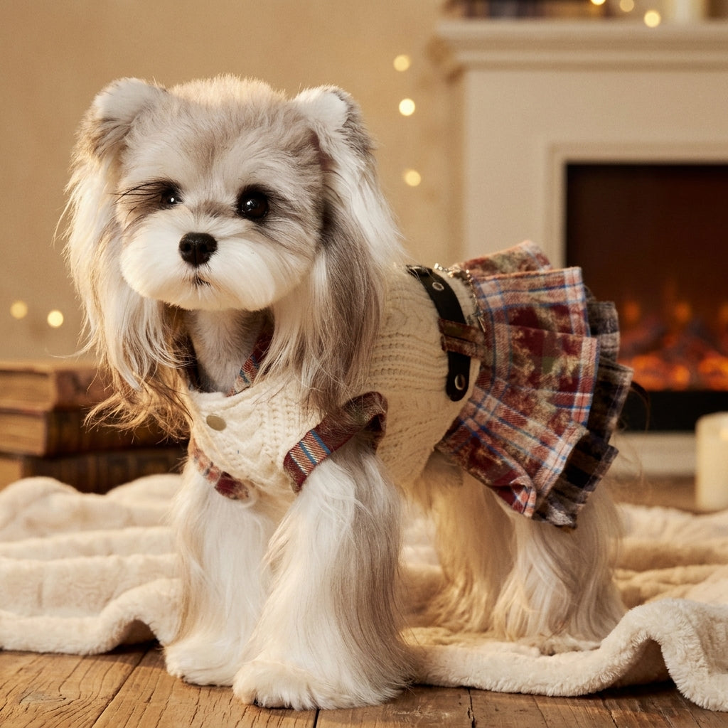 Tony Bear Dog Clothes Autumn and Winter Sleeveless Maillard Plaid Patchwork Sweet Schnauzer Bichon Teddy Dress